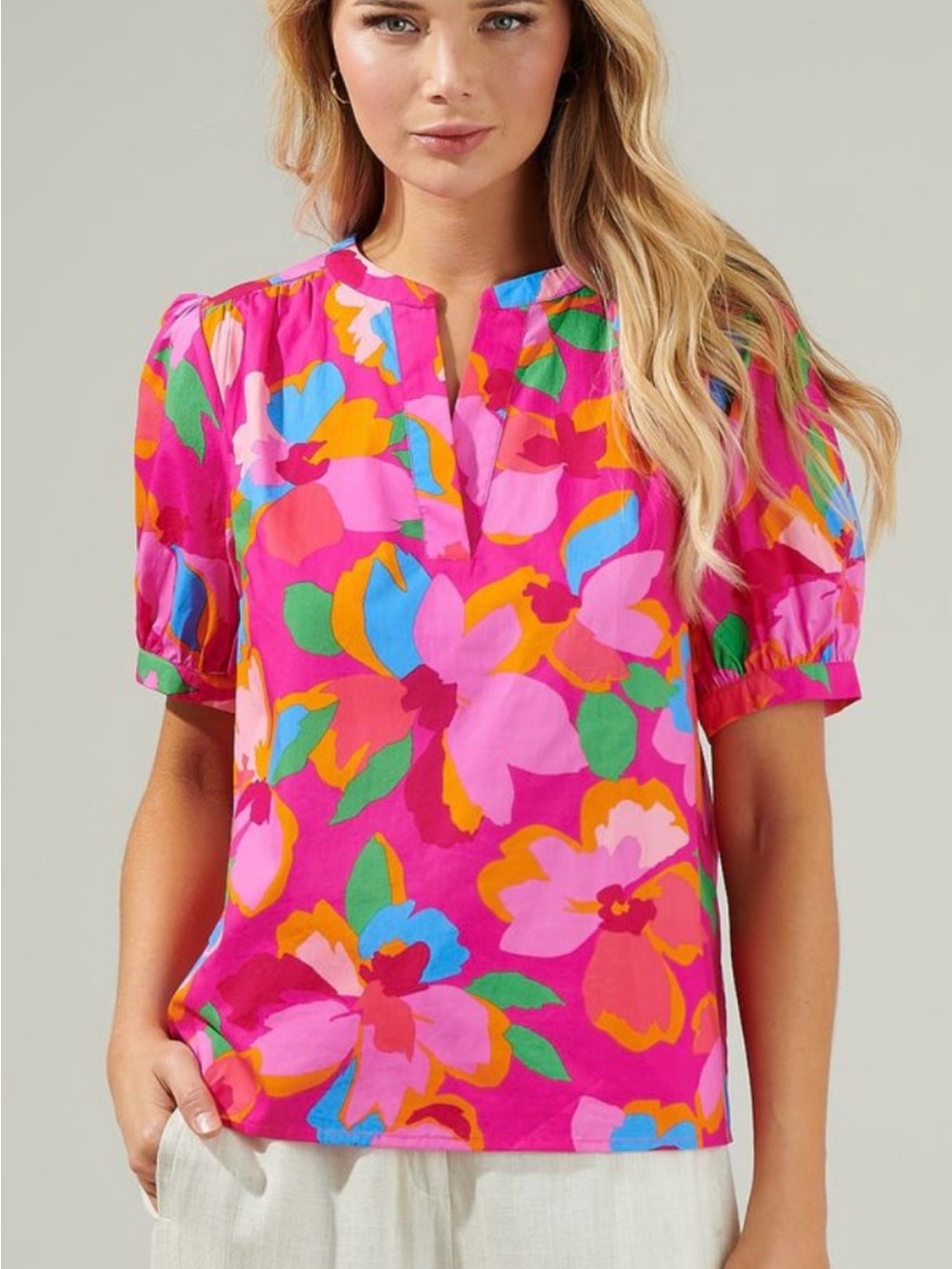 Sugarlips Bright Pink Floral Short-Sleeve Women's Top
